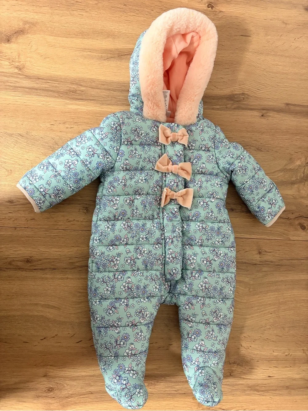 Unbranded Mint Floral Baby One-Piece Footie with Peach Hood